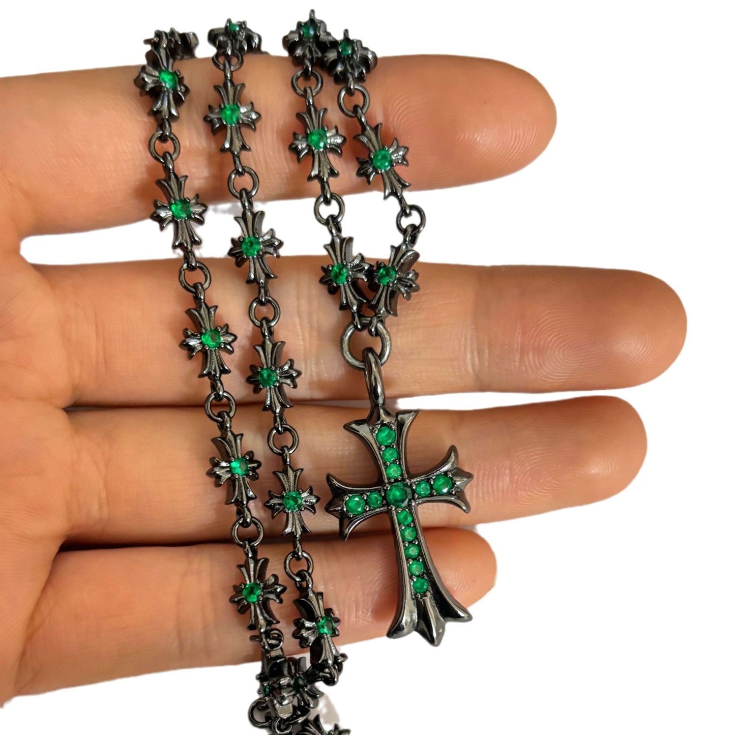 Chrome Hearts black cross inlaid with green zircon necklace
