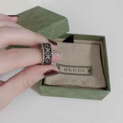 Double Gucci Aged Sterling Silver Interlocking Gucci Flower Ring