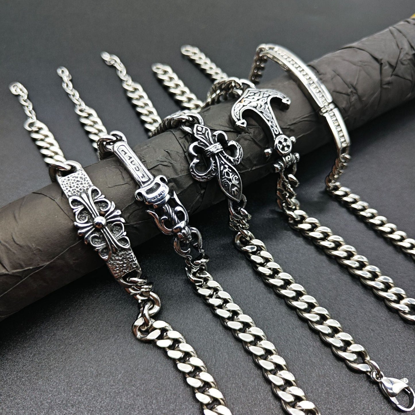 Chrome Hearts Silver Cuban chain curved bracelet