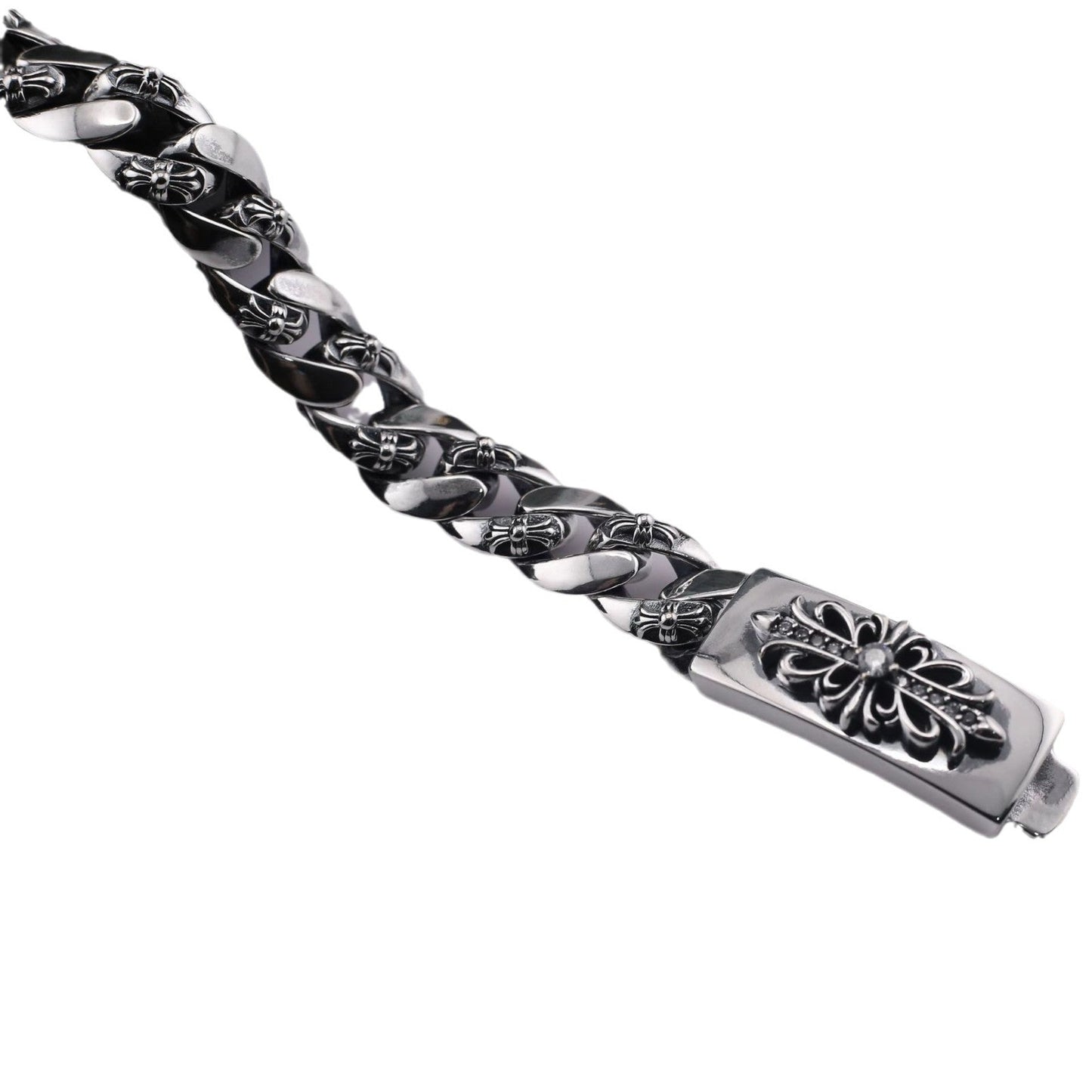 chrome hearts 925 Sterling silver Floral Cross Diamond ID Bracelet