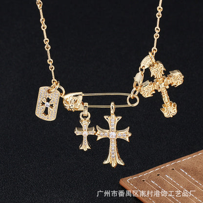 Chrome Hearts Gold Diamond-Inlaid Pin with Three Cross Pendants