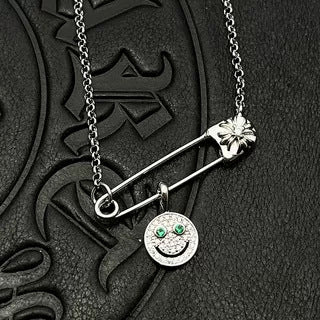 Chrome Hearts silver full diamond smiley face brooch necklace