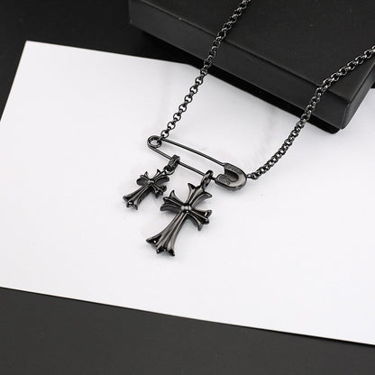 Chrome Hearts black green diamond double cross brooch necklace