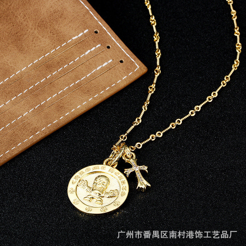 Chrome Hearts Gold Cross with Skull Round Tag Necklace