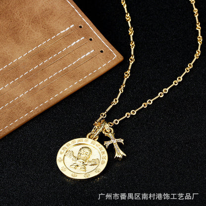 Chrome Hearts Gold Cross with Skull Round Tag Necklace