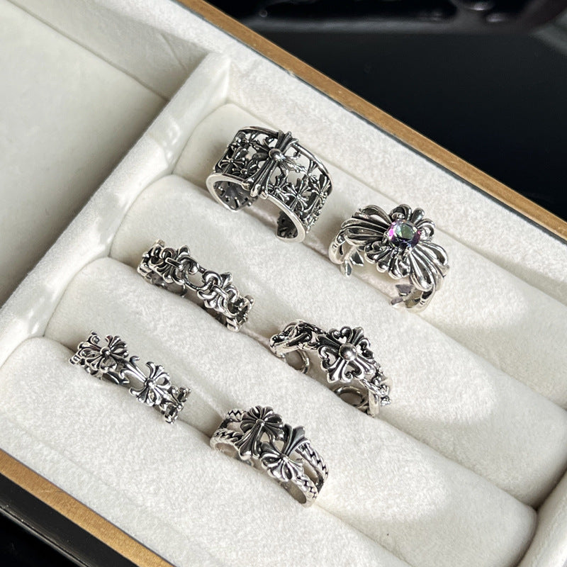 Chrome Hearts distressed iris cross open adjustable ring