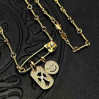 Chrome Hearts Gold Tag Full Diamond Smiley Face Diamond-Inlaid Pin Necklace