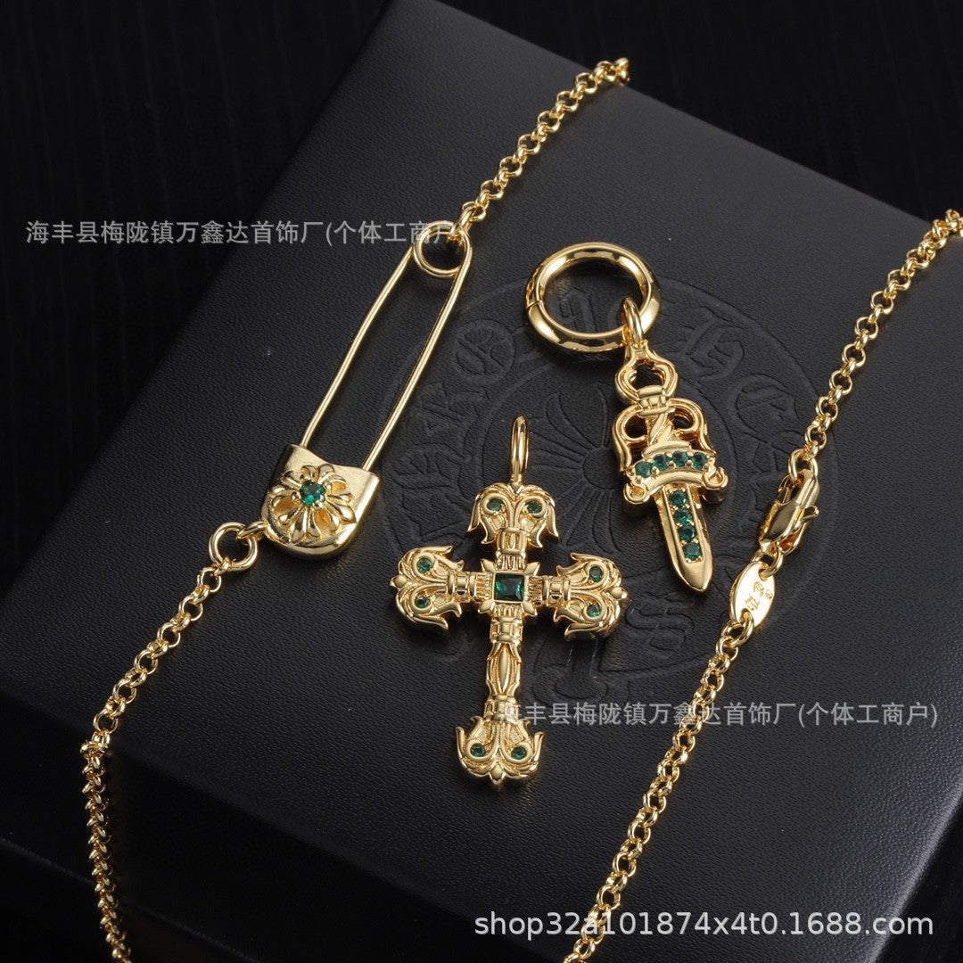 Chrome Hearts gold diamond cross flame sword necklace
