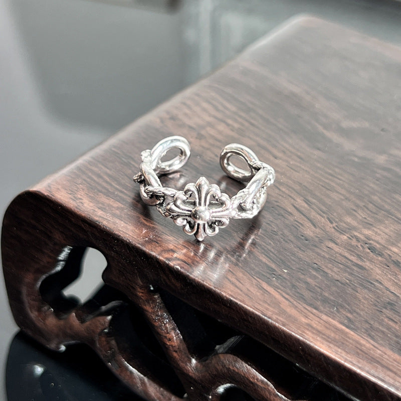 Chrome Hearts distressed iris cross open adjustable ring