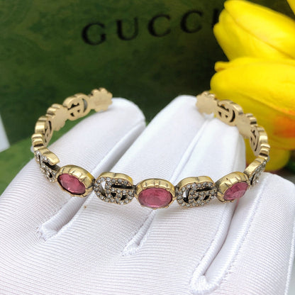 18K Double Gucci Red Crystals Open Cuff Bracelet