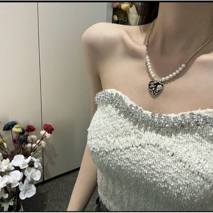 18K  Chanel Pink & Black Heart Pearl Necklace